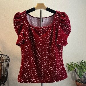 SHEIN Red Puff Sleeve Ruffled Blouse